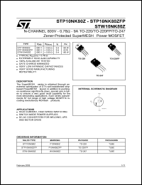 STW10NK80Z datasheet: N-CHANNEL 800V - 0.78 OHM - 9A TO-220/TO-220FP/TO-247 ZENER-PROTECTED SUPERMESH POWER MOSFET STW10NK80Z