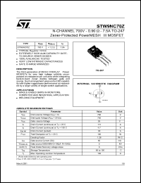 STW9NC70Z datasheet: N-CHANNEL 700V 0.90 OHM 7.5A TO-247 ZENER-PROTECTED POWERMESH III MOSFET STW9NC70Z