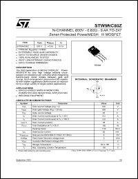 STW9NC80Z datasheet: N-CHANNEL 800 V - 0.82 OHM - 9.4 A TO-247 ZENER-PROTECTED POWERMESH III MOSFET STW9NC80Z