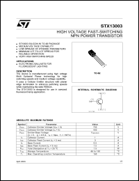 STX13003 datasheet: HIGH VOLTAGE FAST-SWITCHING NPN POWER TRANSISTOR STX13003