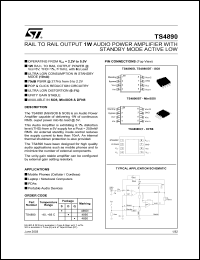 TS4890 datasheet: RAIL TO RAIL OUTPUT 1W AUDIO POWER AMPLIFIER WITH STANDBY MODE TS4890