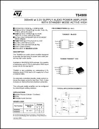 TS4900 datasheet: 300MW AT 3.3V SUPPLY AUDIO POWER AMPLIFIER WITH STANDBY MODE ACTIVE HIGH TS4900