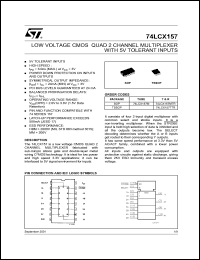 74LCX157MTR datasheet: LOW VOLTAGE CMOS QUAD 2 CHANNEL MULTIPLEXER WITH 5V TOLERANT INPUTS 74LCX157MTR