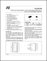 74LVX138TTR datasheet: LOW VOLTAGE 3 TO 8 LINE DECODER (INV.) WITH CLEAR WITH 5V TOLERANT INPUTS 74LVX138TTR
