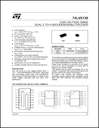 74LVX139TTR datasheet: LOW VOLTAGE CMOS DUAL 2 TO 4 DECODER/DEMULTIPLEXER 74LVX139TTR