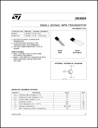 2N3904 datasheet: SMALL SIGNAL NPN TRANSISTOR 2N3904