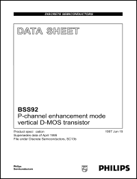 BSS92 datasheet: P-channel enhancement mode vertical D-MOS transistor. BSS92