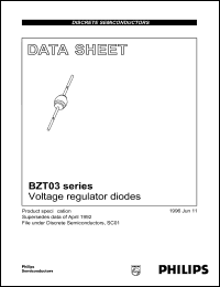 BZT03-C56 datasheet: Voltage regulator diode. Working voltage (nom) 56 V. Transient suppressor diode. Reverse breakdown voltage 52 V. BZT03-C56