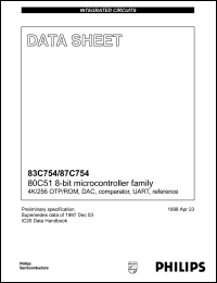 P83C754EBD DB datasheet: 8-bit microcontroller. 4k x 8 ROM, DAC, comarator, UART, reference. P83C754EBD DB