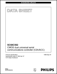 SC68C562A8A datasheet: CMOS Dual universal serial communications controller (CDUSCC). Vcc = +5V +- 10%. Serial data rate = 8Mbps maximum. SC68C562A8A