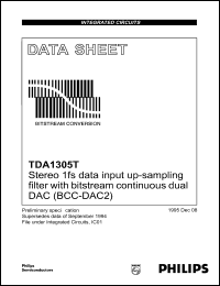 TDA1305T datasheet: Stereo 1fs data input up-sampling filter with bitstream contiuous dual DAC (BCC-DAC2). TDA1305T