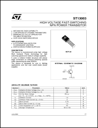 ST13003 datasheet: HIGH VOLTAGE FAST-SWITCHING NPN POWER TRANSISTOR ST13003