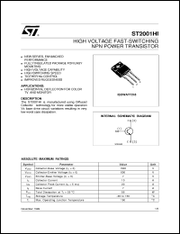 ST2001HI datasheet: HIGH VOLTAGE FAST-SWITCHING NPN POWER TRANSISTOR ST2001HI