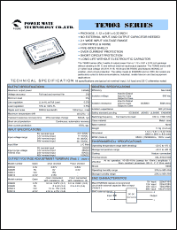 TEM03-12S12 datasheet: Input range:9-18 VDC;output voltage:12 VDC; output current:250 mA;input current:343 mA; 3 W output  DC-DC converter TEM03-12S12