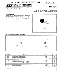BC139 datasheet: PNP transistor for audio output amplifier, 40V, 0.5A BC139