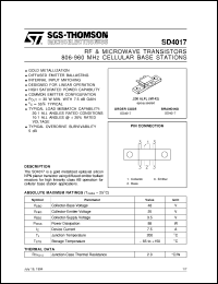 SD4017 datasheet: 806-960 MHZ CELLULAR BASE STATIONS RF & MICROWAVE TRANSISTORS SD4017