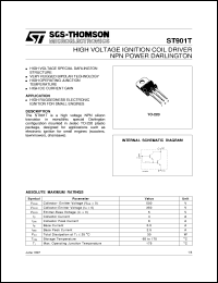 ST901T datasheet: HIGH VOLTAGE IGNITION COIL DRIVER NPN POWER DARLINGTON ST901T