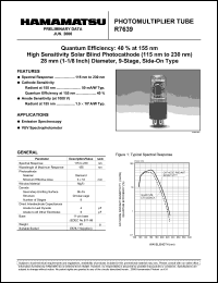 R7639 datasheet: Spectral responce:115-230nm; between anode and cathode:1250Vdc; 0.1mA; photomultiplier tube R7639