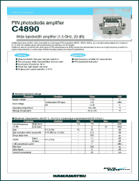 C4890 datasheet: Supply voltage: +13.5V; PIN photodiode wide bandwidth amplifier (1.5GHz, 20dB) C4890