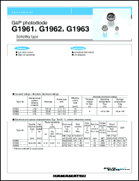 G1962 datasheet: Active area size:2.3x2.3mm; reverse voltage:5V; GaP photodiode. Schottky type. For analytical instruments, UV detection G1962