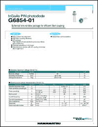G6854-01 datasheet: Spectral response range:0.9-1.7um; reverse voltage:20V; InGaAs PIN photodiode: spherical lens window package for efficient fiber coupling. For optical fiber communications G6854-01