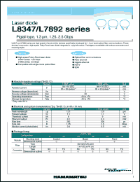 L8347-21 datasheet: Connector type:SC ;2V; 0.1mW; laser diode: pigtail type, 1.3um, 1.25, 2.5Gpbs. For optical fiber communications, fiber channel, gigabit ethernet, HDTV, SDH L8347-21