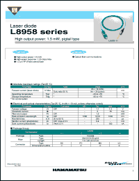 L8958-12 datasheet: Connector type:FC; 1.1V; 1.5mW; laser diode: high output power : 1.5mW, pigtail type. For optical fiber communications L8958-12