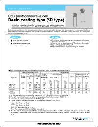 P1082-03 datasheet: Supply voltage:100Vdc; 70mW; CdS photoconductive cell: resin coating type. Standard type designed for general purpose, wide application P1082-03