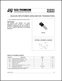 MJE802 datasheet: SILICON NPN POWER DARLINGTON TRANSISTOR MJE802