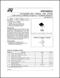 STB70NF02L datasheet: N-CHANNEL 20V - 0.006 OHM - 70A D2PAK LOW GATE CHARGE STRIPFET POWER MOSFET STB70NF02L