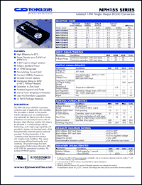 NPH15S2412Ei datasheet: Isolated 15W single output DC-DC converter. Nom.input voltage 24V, output voltage 12.1V, output current 1.3mA. NPH15S2412Ei