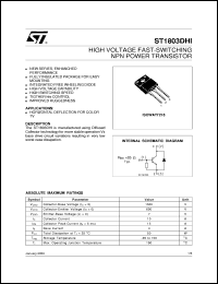 ST1803DHI datasheet: HIGH VOLTAGE FAST-SWITCHING NPN POWER TRANSISTOR ST1803DHI
