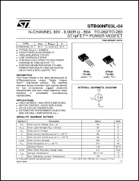 STB80NF03L-04 datasheet: N-CHANNEL 30V - 0.0035 OHM - 80A TO-262/TO-263 STRIPFET POWER MOSFET STB80NF03L-04