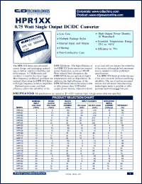 HPR102 datasheet: 0.75 Watt single output DC/DC converter. Nom.input voltage 5Vdc, rated output voltage 15Vdc, rated output current 50mA. HPR102