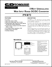 PWR72H datasheet: 3 watt unregulated wide input range DC/DC converter. Input voltage 5-22VDC, rated output voltage +-15VDC(min), +-20VDC(max), rated output current(each output) +-150mA(max). PWR72H