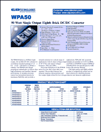 WPA50R48S025 datasheet: 50W single output eighth brick DC/DC converter. Nom.input voltage 48Vdc, rated output voltage 2.5Vdc. Output current: 0.0A(min load), 18A(rated load). WPA50R48S025