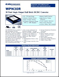 WPN30R48S15-1 datasheet: 30W single output half brick DC/DC converter. Nom.input voltage 48Vdc, rated output voltage 15Vdc. Output current(nom. load) 2.0A. WPN30R48S15-1