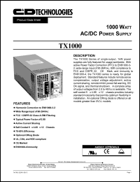 TX1000MBASLPLDH datasheet: 1000 Watt. AC/DC power supply. Output voltage 12.0V, output current 84A TX1000MBASLPLDH