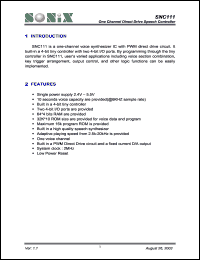 SNC111 datasheet: 3 V, one channel direct drive speech controller SNC111