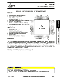 BT1074Bi datasheet: Single chip 850-950 MHz RF transeiver BT1074Bi