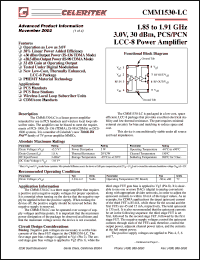 CMM1530-LC datasheet: 1.85 to 1.91 GHz, 3 V, PCS/PCN power amplifier CMM1530-LC