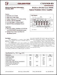 CMM3020-BD-0048 datasheet: 30 kHz to 20 GHz GaAs MMIC optical modulator driver amplifier CMM3020-BD-0048