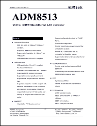 ADM8513 datasheet: USB-to-10/100Mbps ethernet LAN controller ADM8513