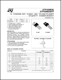 STP45NE06FP datasheet: N-CHANNEL 60V - 0.022 OMH - 45A - TO-220/TO-220FP STRIPFET POWER MOSFET STP45NE06FP