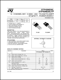STP45NE06L datasheet: N-CHANNEL 60V - 0.022 OHM - 45A - TO-220/TO-220FP STRIPFET POWER MOSFET STP45NE06L
