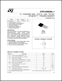 STD16NE06L-1 datasheet: N-CHANNEL 60V - 0.07 OHM - 16A - TO-251 - STRIPFET POWER MOSFET STD16NE06L-1