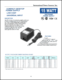 SWI15-15 datasheet: Compact desktop switching power supply. Max output power 15.0W. Vnom 15VDC. Imin 0A, Imax 1.0A, Ipeak 1.3A. SWI15-15