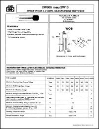 2W08 datasheet: Single phase 2.0 A silicon bridge rectifier. Max recurrent peak reverse voltage 800 V. 2W08