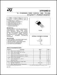 STP50NE10 datasheet: N-CHANNEL 100V - 0.021 OHM - 50A - TO-220 STRIPFET POWER MOSFET STP50NE10