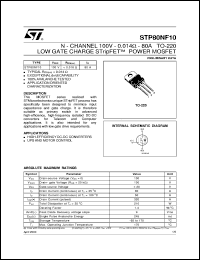 STP80NF10 datasheet: N-CHANNEL 100V - 0.014 OHM - 80A TO-220 STRIPFET POWER MOSFET STP80NF10